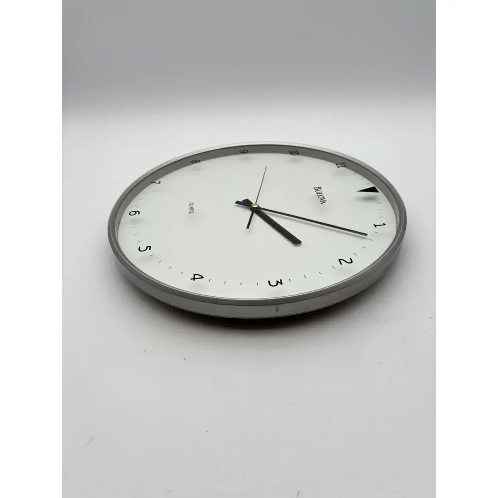 Bulova Quartz White Wall Clock 12”x 12”. Tested Works. Very Good Condition.